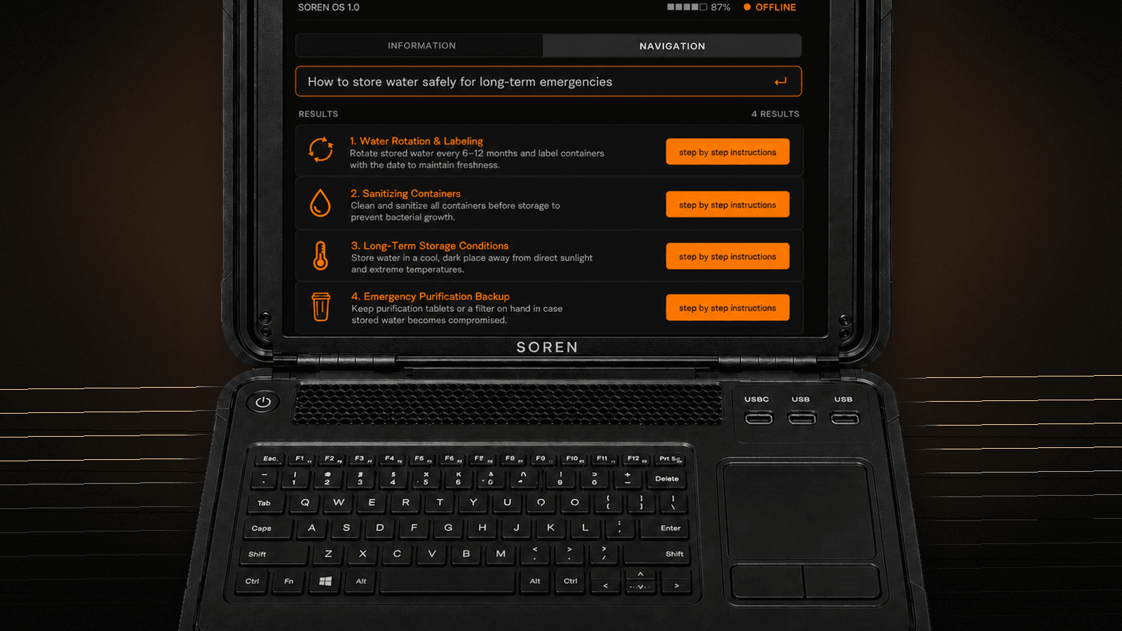 Soren open in offline mode showing emergency water storage guidance